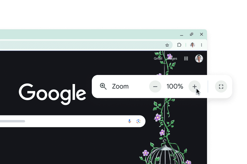 The Google homepage and a pop-up with Zoom set to 100%